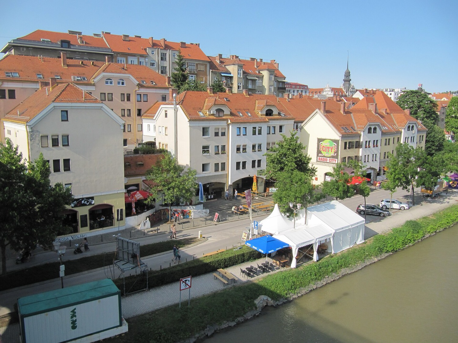The Festival Lent stage and marquee set up along the Drava waterfront in summer